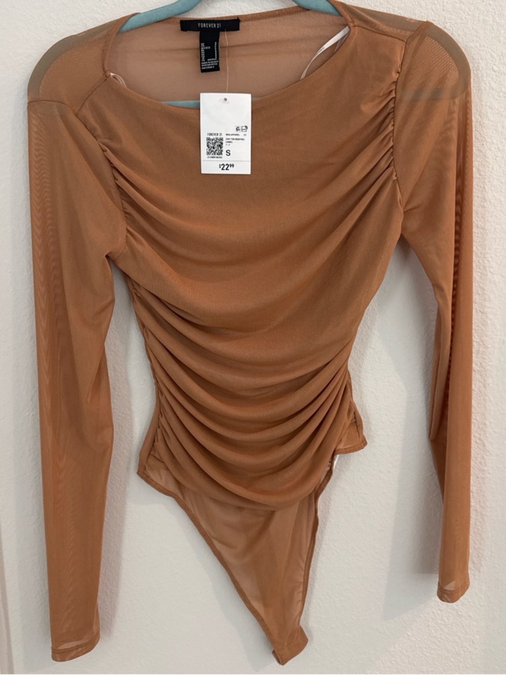 Forever 21 Camel/Tan Ruched Long-Sleeve Sheer Bodysuit